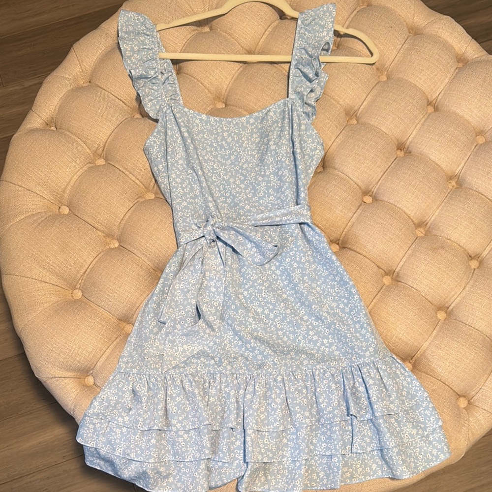 Light Blue Floral Ruffle Dress